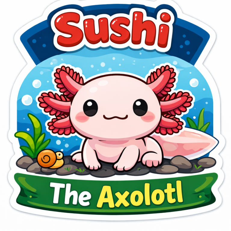 Sushi the Axolotl Cartoon axolotl with a cheerful expression, surrounded by plants and a snail.